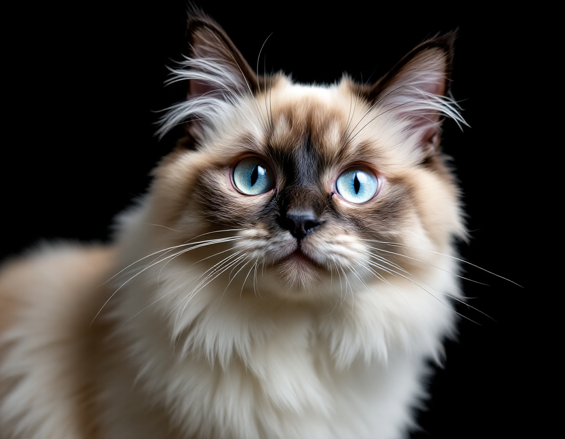 Close-up portrait of cat on a black background, with its alert expression and intricate details of its fur and whiskers in sharp focus.