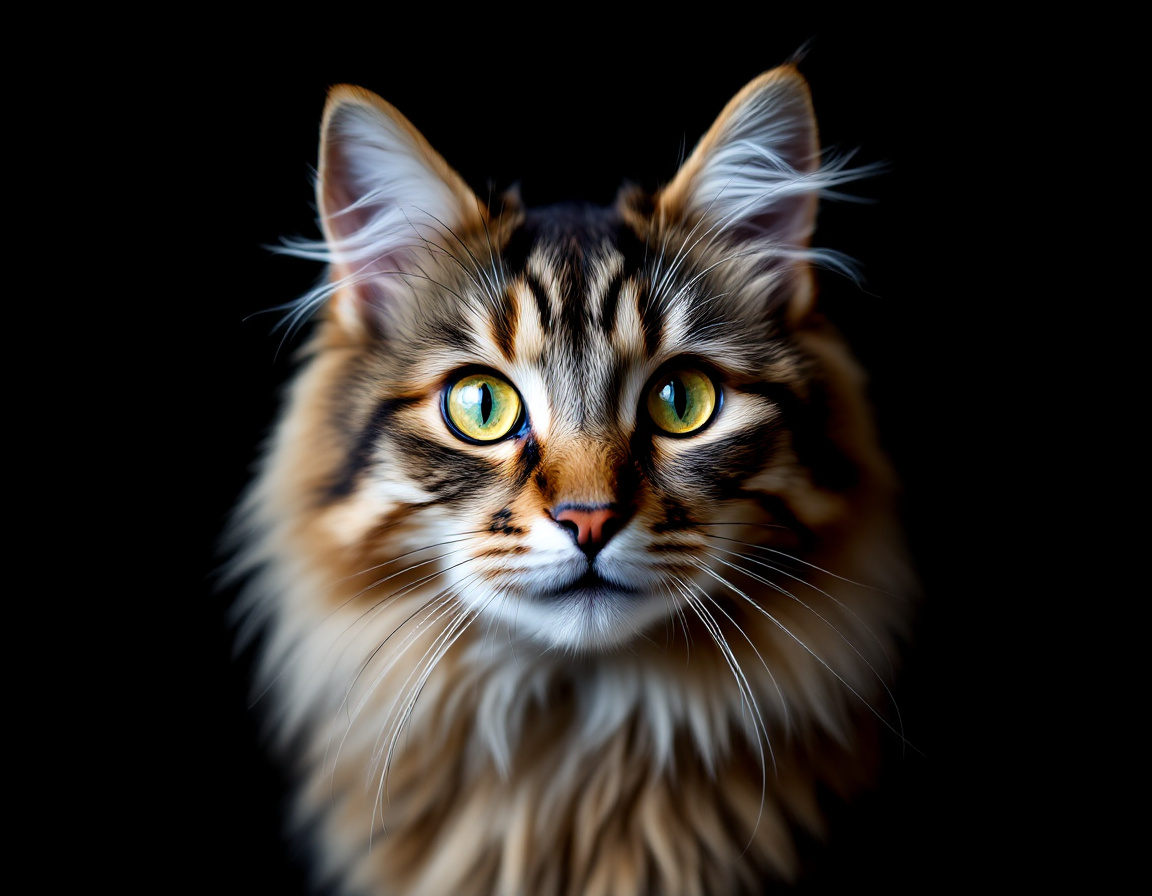 Close-up portrait of cat on a black background, with its alert expression and intricate details of its fur and whiskers in sharp focus.