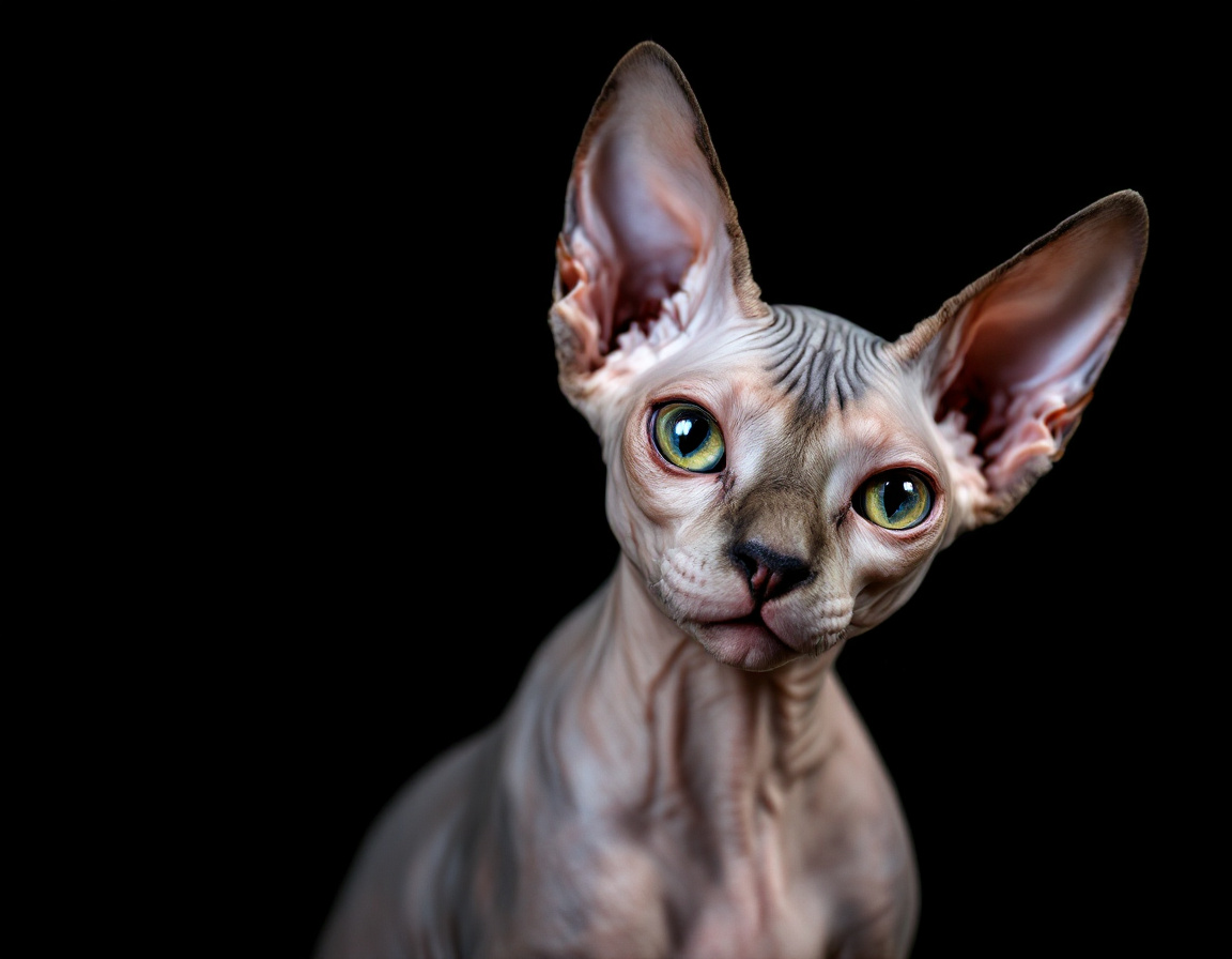 Close-up portrait of cat on a black background, with its alert expression and intricate details of its fur and whiskers in sharp focus.