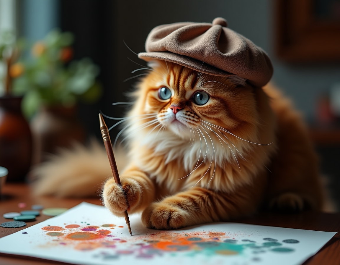 🎨 Every hairball is a masterpiece. Your cat with a beret and palette, creating abstract art with paw prints.