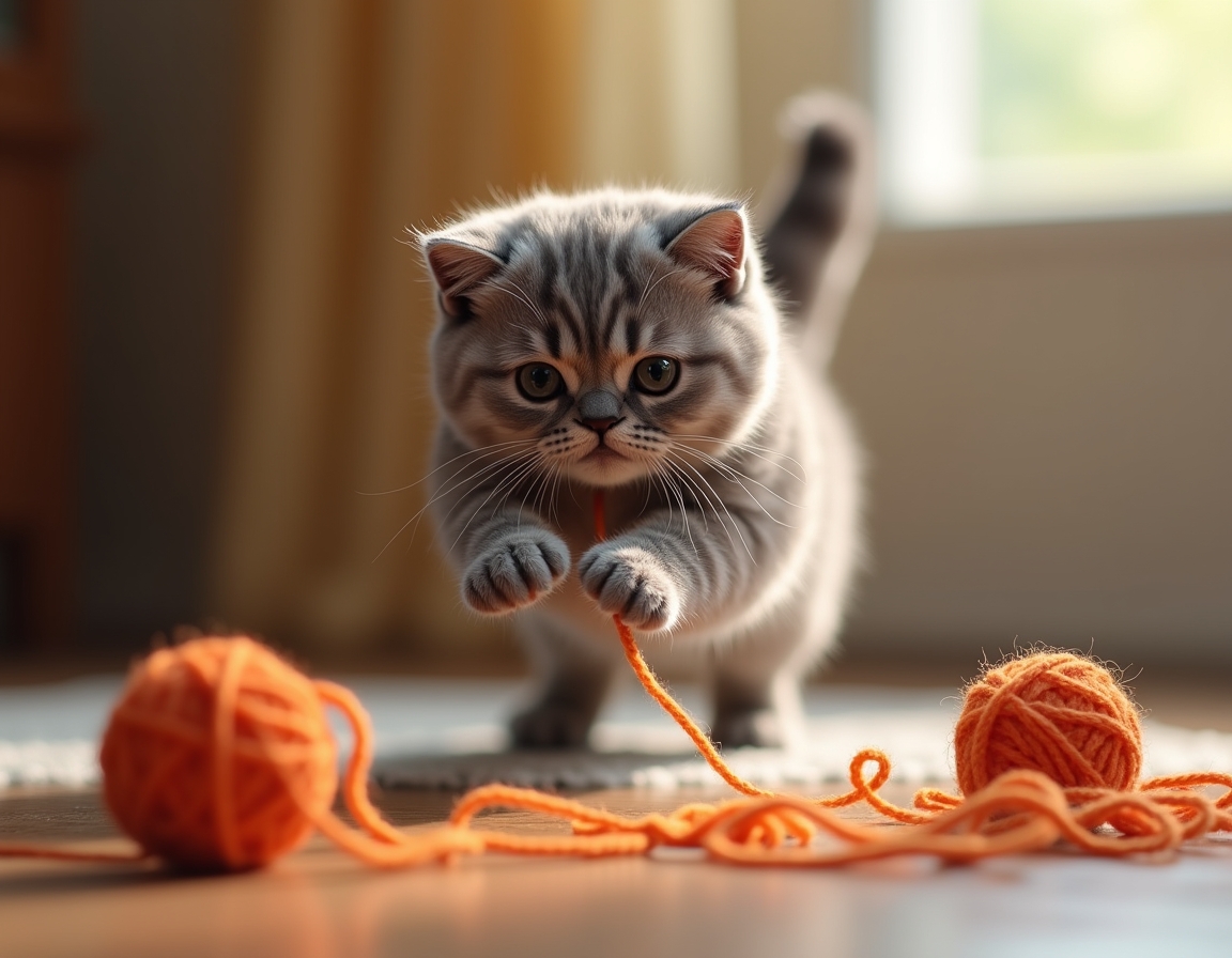Cat pounces on a colorful ball of yarn on a wooden floor. The scene is bathed in soft sunlight streaming through a window, with a cozy room in the background.