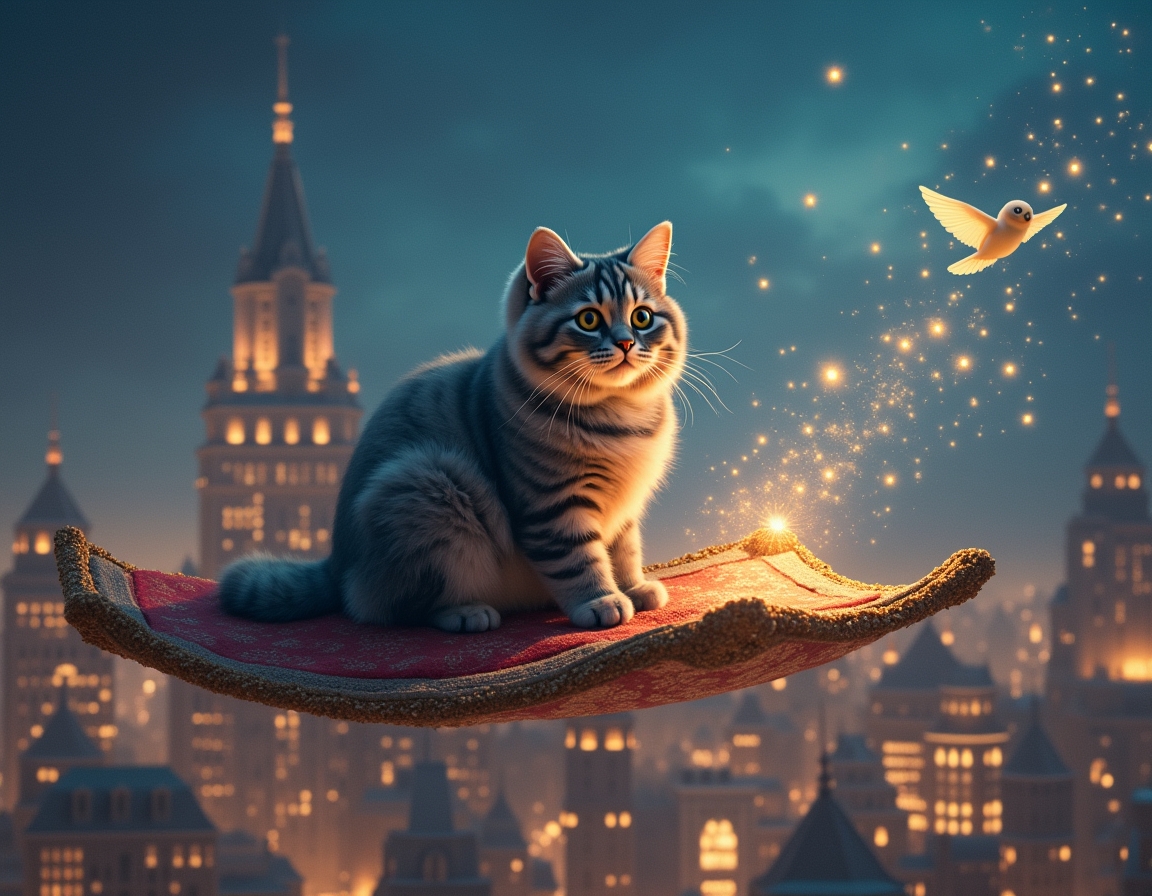 Cat sits on a flying carpet, soaring above a magical city illuminated by sparkling lights. The cat gazes at shimmering buildings and magical creatures floating around it