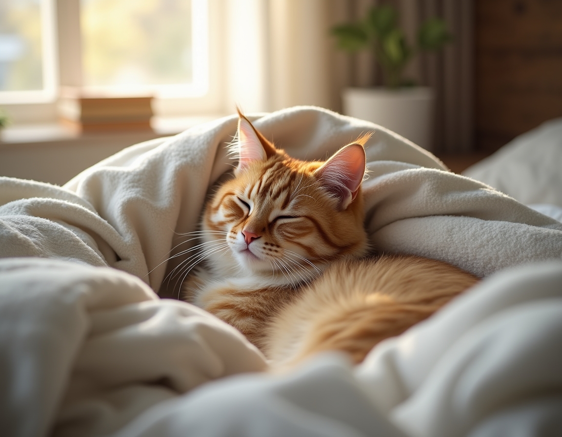 Cat is nestled under soft blankets on a bed, its eyes half-closed in peaceful relaxation. Morning sunlight streams through a nearby window, highlighting the soft textures of the bedding.