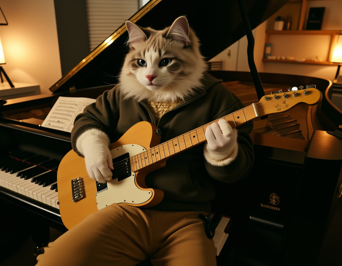 🎸 Dropping the hottest album of the year: 'Meow Mix.' Your cat shredding a guitar or tickling the ivories on a grand piano.