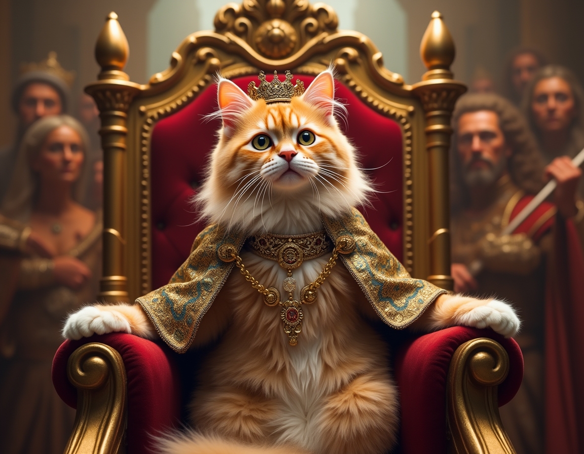 Cat poses regally on a golden throne inside a castle, wearing a crown and cape. Ornate royal decorations surround the scene.