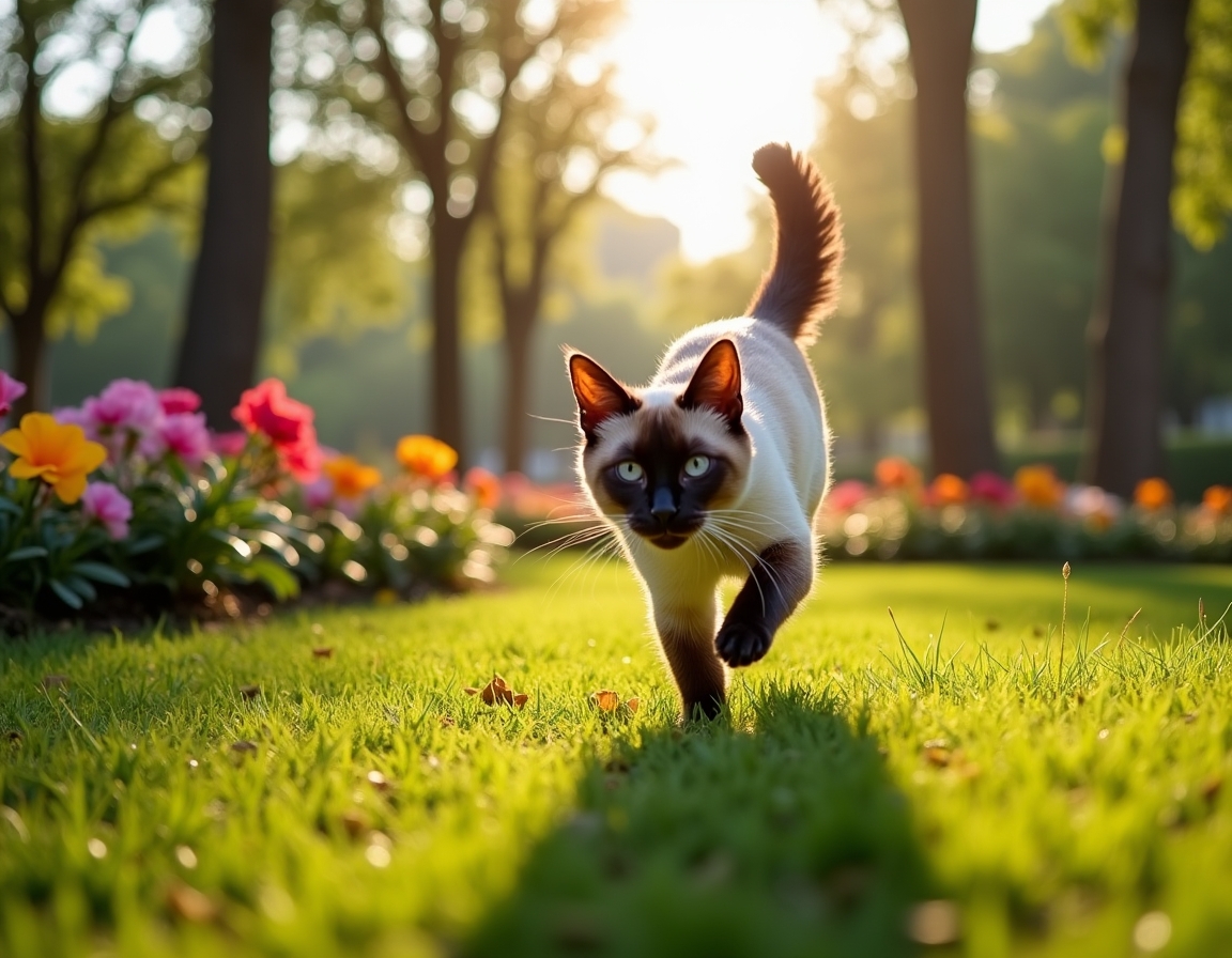 Cat enjoys a lively city park, playing and exploring the greenery amidst the urban backdrop.