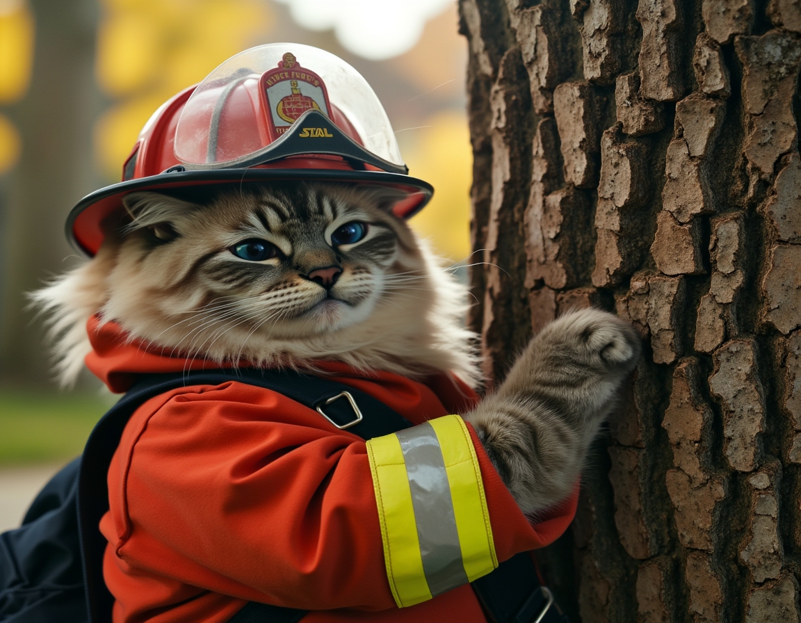 🚒 Who rescues the rescuer? Your cat in full firefighter gear, bravely climbing the very tree they got stuck in yesterday.