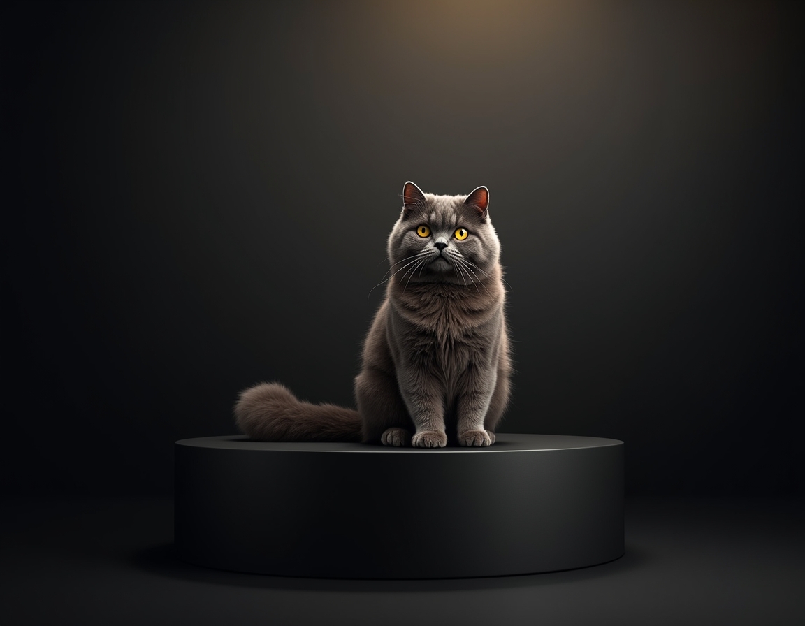 Photorealistic studio portrait of cat sitting elegantly on a black podium under a bright spotlight.