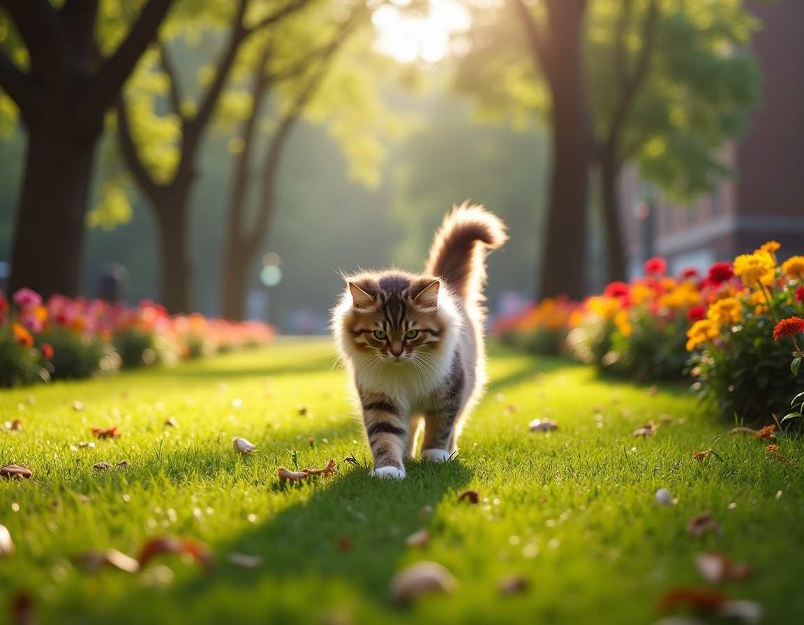 Cat enjoys a lively city park, playing and exploring the greenery amidst the urban backdrop.