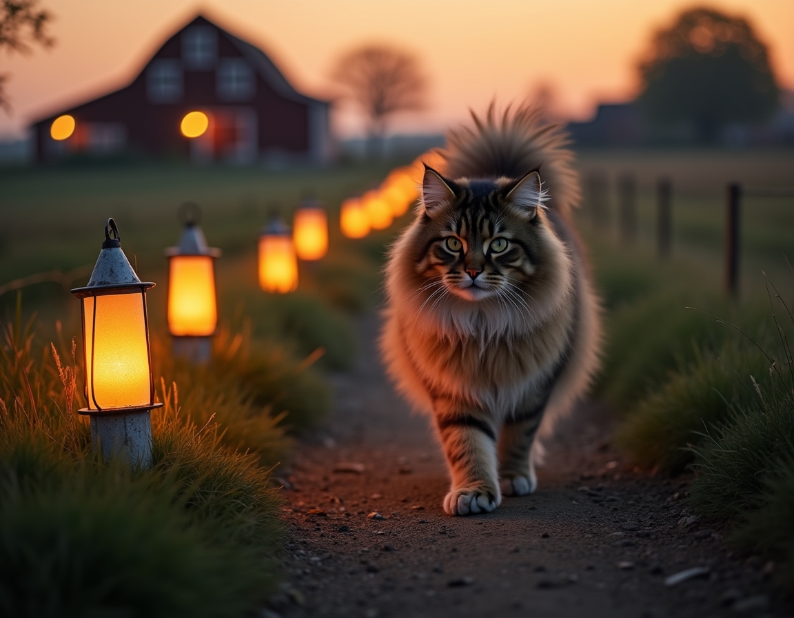 Cat enjoys a quiet walk along a farm path, illuminated by the soft glow of evening lanterns.