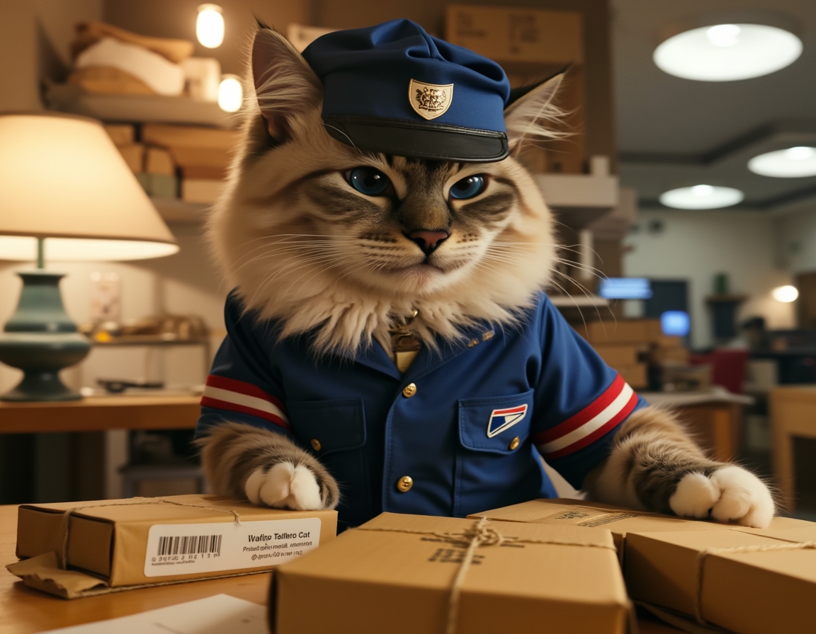 📬 Neither rain, nor snow, nor the red dot shall stop me. Your cat in a mail carrier uniform, delivering packages (and knocking them off tables).