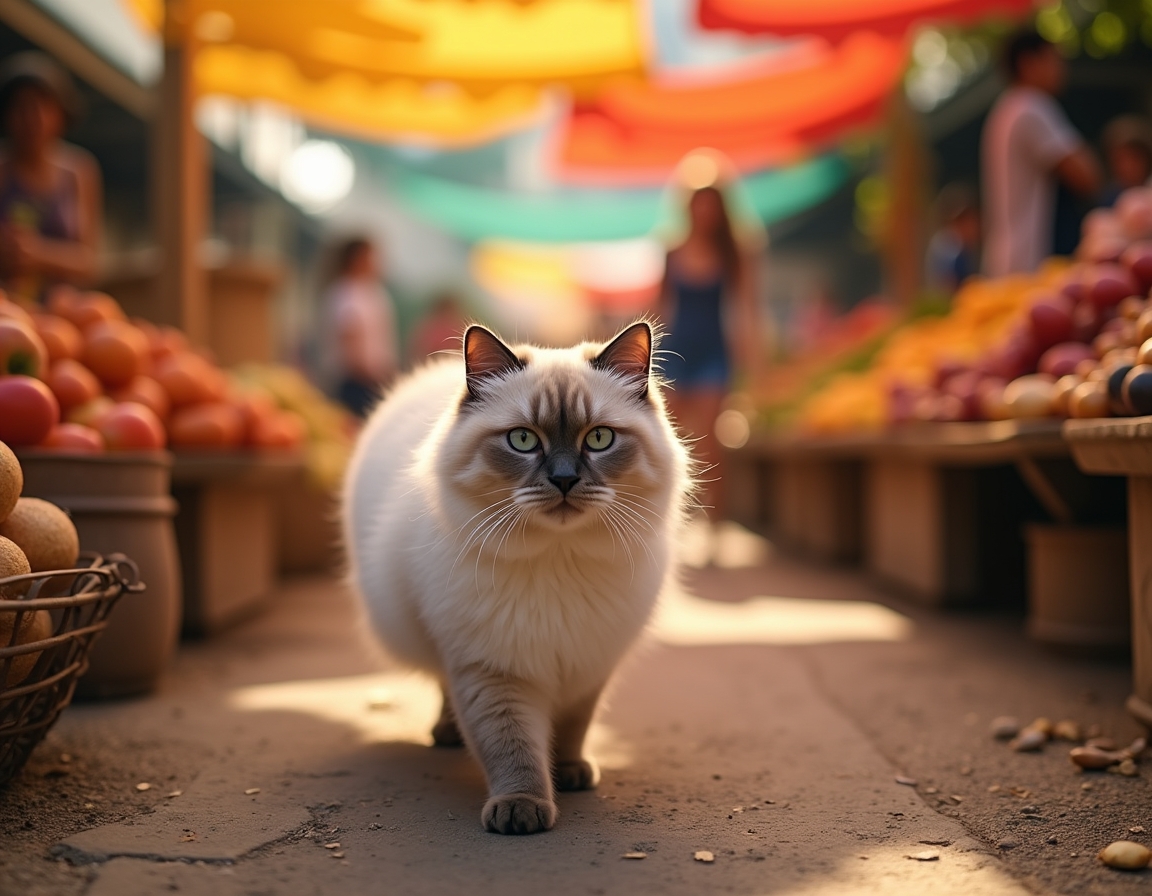 Cat wanders through a lively market, surrounded by fresh produce, baked goods, and aromas.