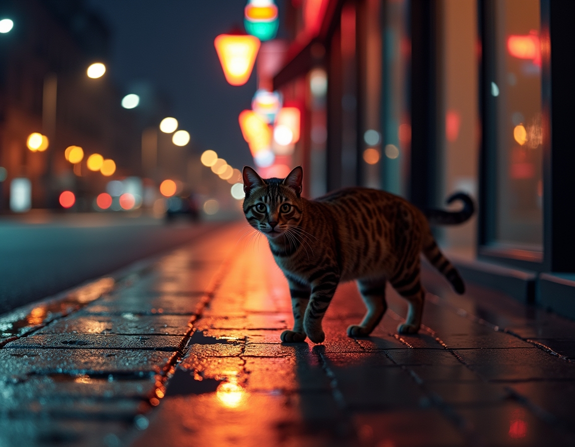 Cat walks through an illuminated cityscape, surrounded by vibrant lights and a serene vibe.