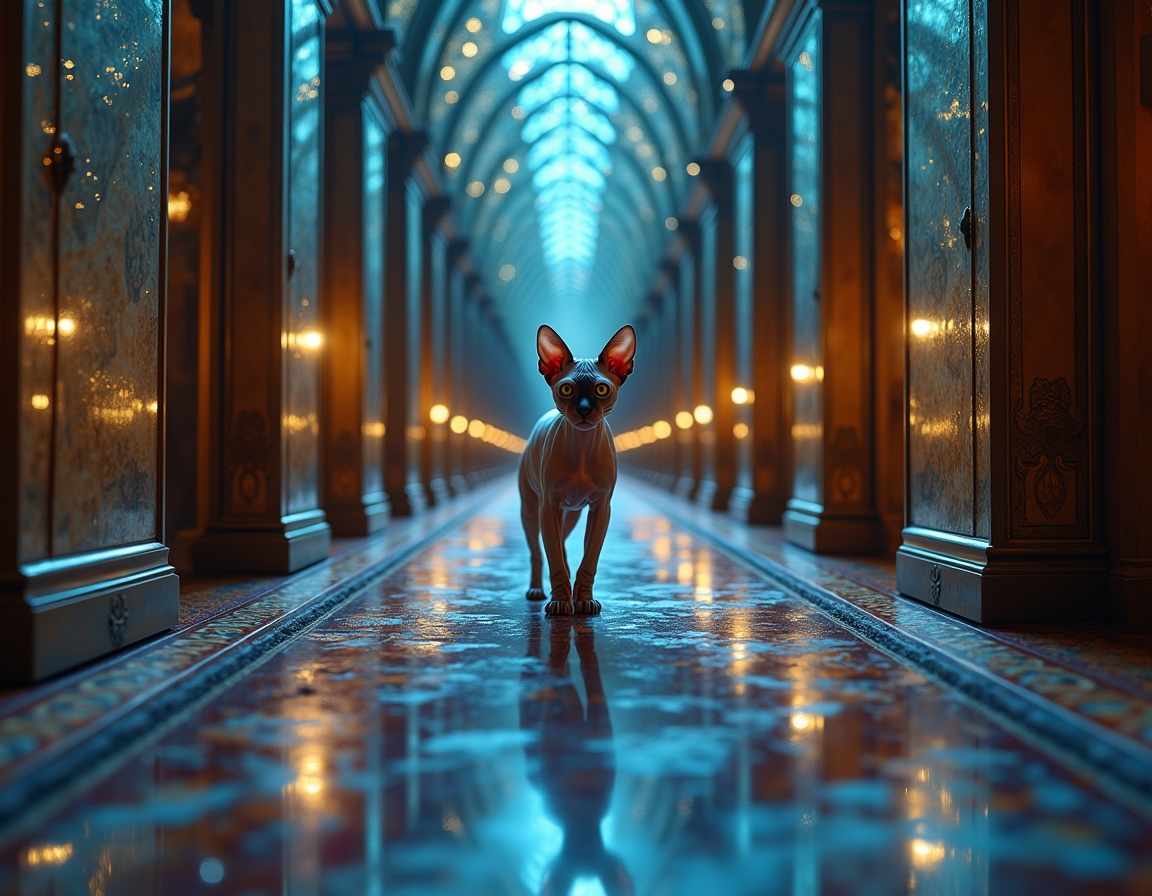 Cat navigates a maze where every surface is a magic-infused mirror, reflecting surreal visions and shifting illusions. Soft, colorful light accentuates each step, turning the labyrinth into a glittering puzzle filled with wonder and mystery.