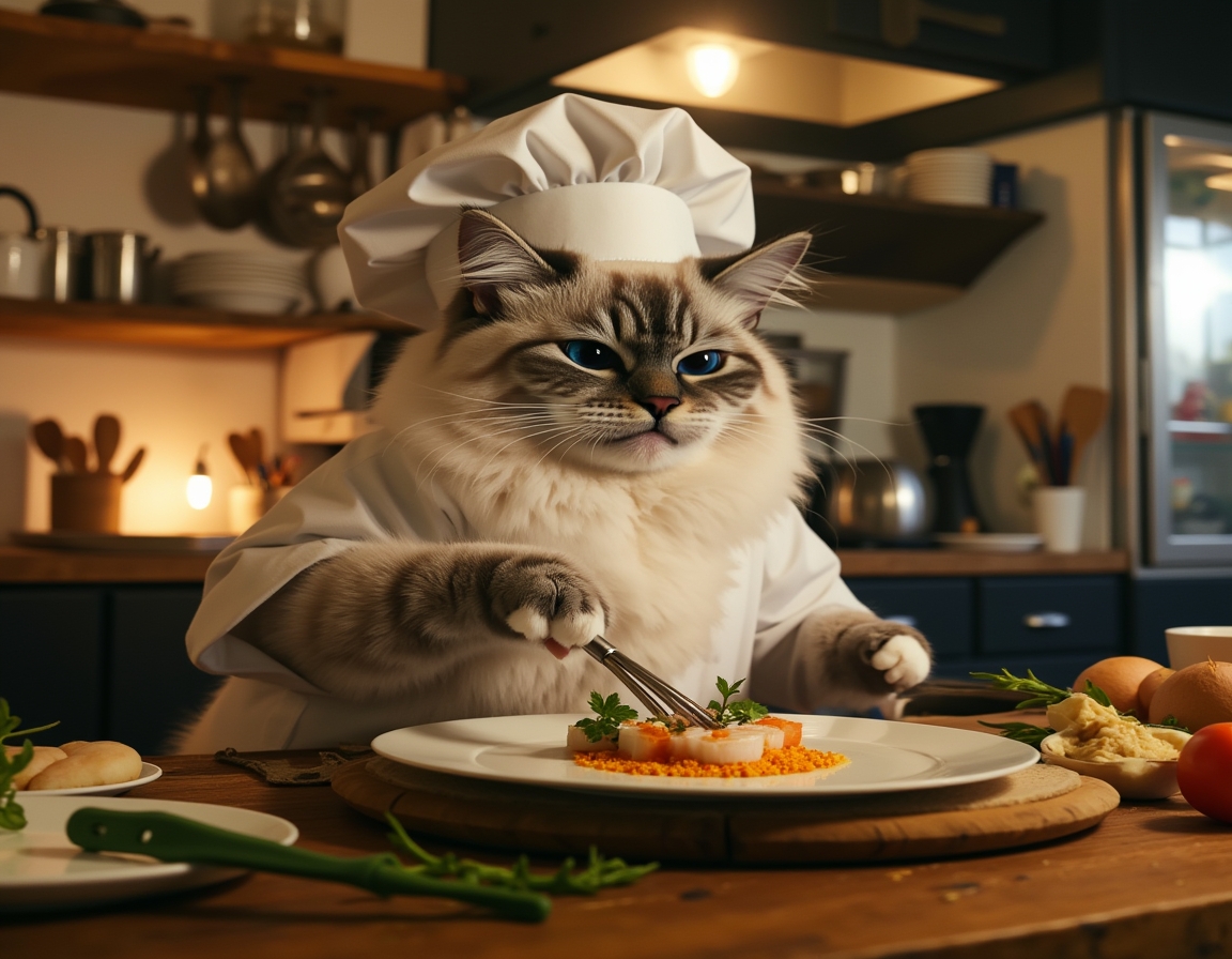 👨‍🍳 Tonight's special: Tuna Surprise. Your cat in a chef's hat, whisking up something fishy in a gourmet kitchen.