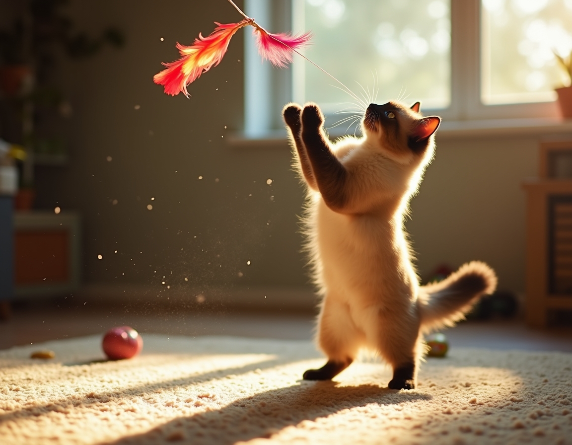 Cat leaps into the air, its paws reaching for a multicolored feather toy that flutters enticingly, bathed in golden sunlight in a cozy room.