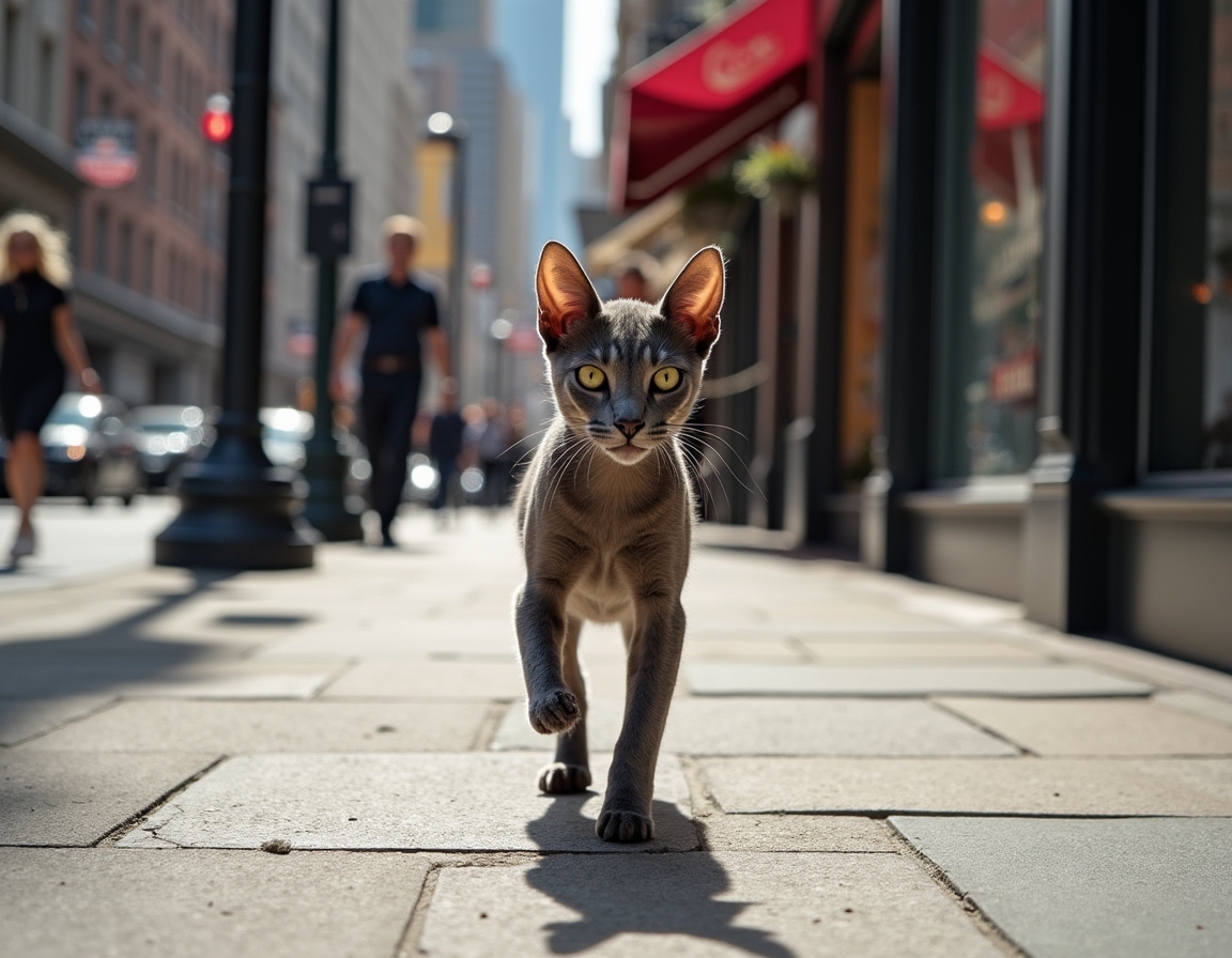 Cat strolls down a city sidewalk, confidently navigating the vibrant cityscape.