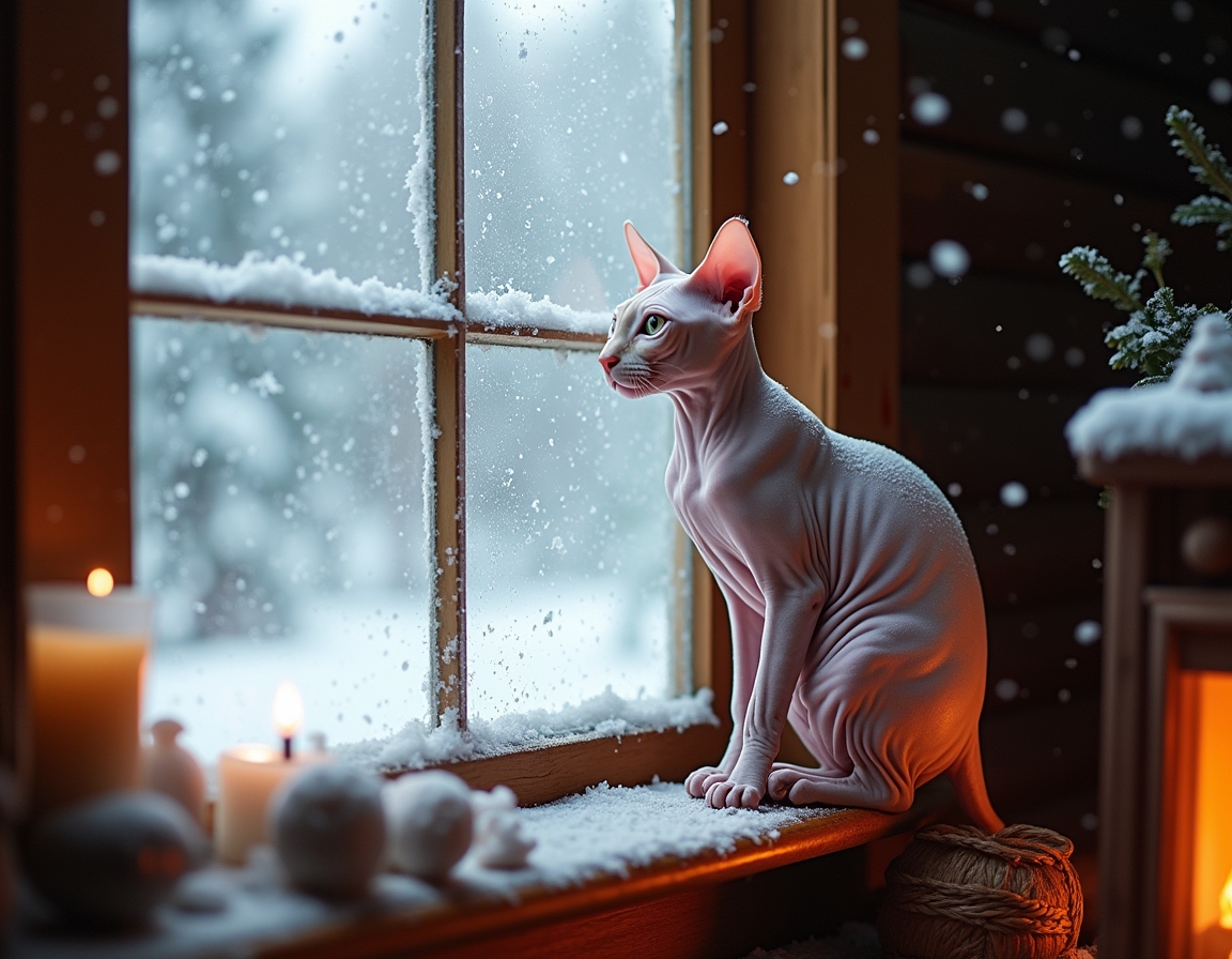 Cat looks out a frosted window at the snowy world outside, while the cozy warmth of the cabin and the glow of the fireplace create a peaceful, inviting atmosphere.