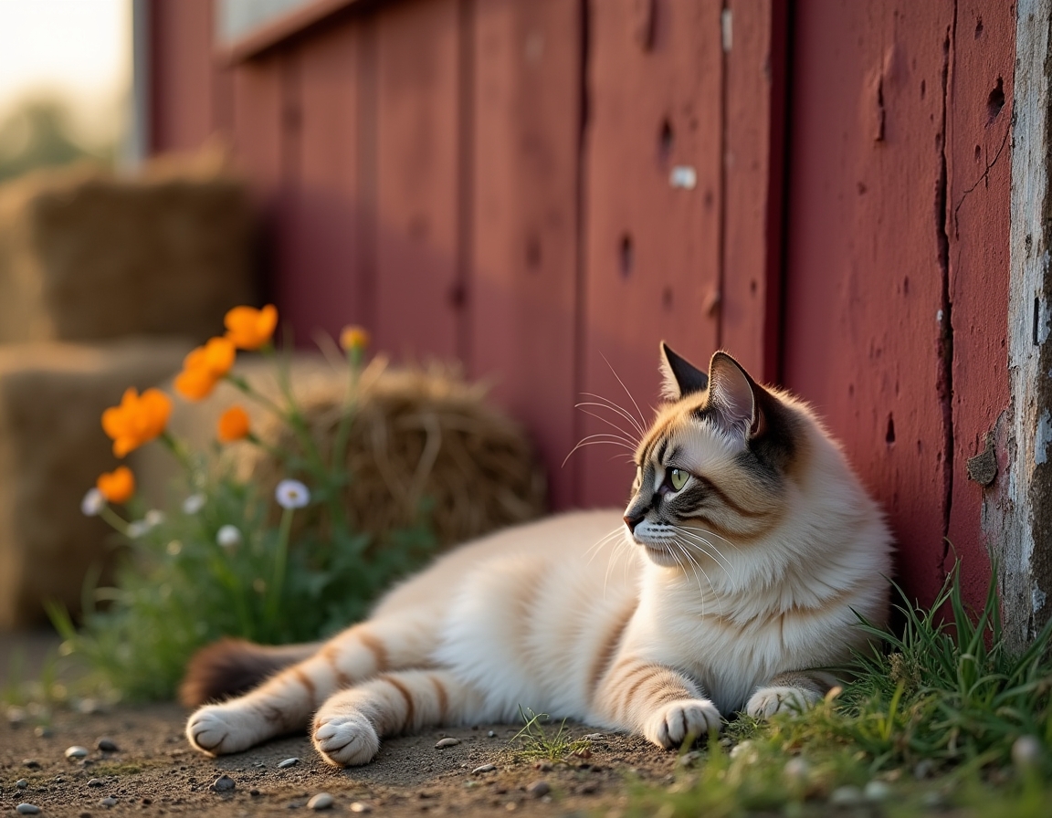 Cat rests peacefully near a barn, enjoying the tranquility of the countryside.