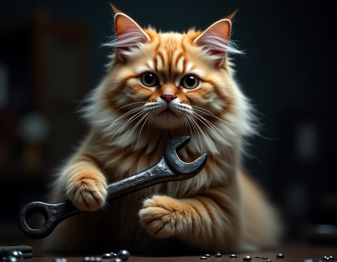 🔧 Found the problem. There's a cat in the engine. Your cat covered in grease, wrench in paw, fixing things they probably broke.