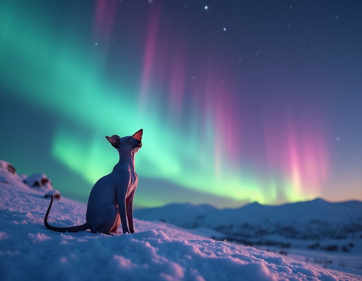 Cat watches in awe as the Northern Lights light up the night sky, casting vibrant colors across the snowy landscape, creating a surreal and magical winter adventure.