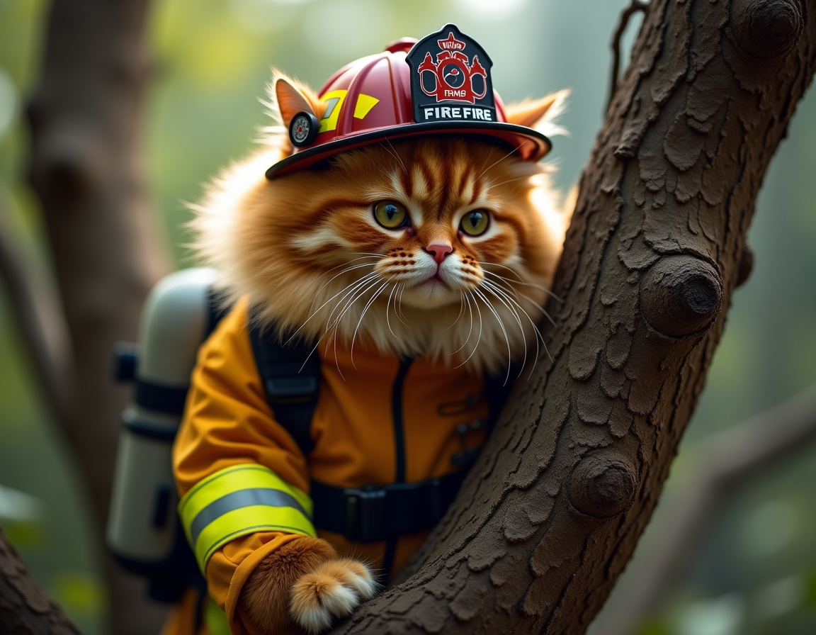 🚒 Who rescues the rescuer? Your cat in full firefighter gear, bravely climbing the very tree they got stuck in yesterday.