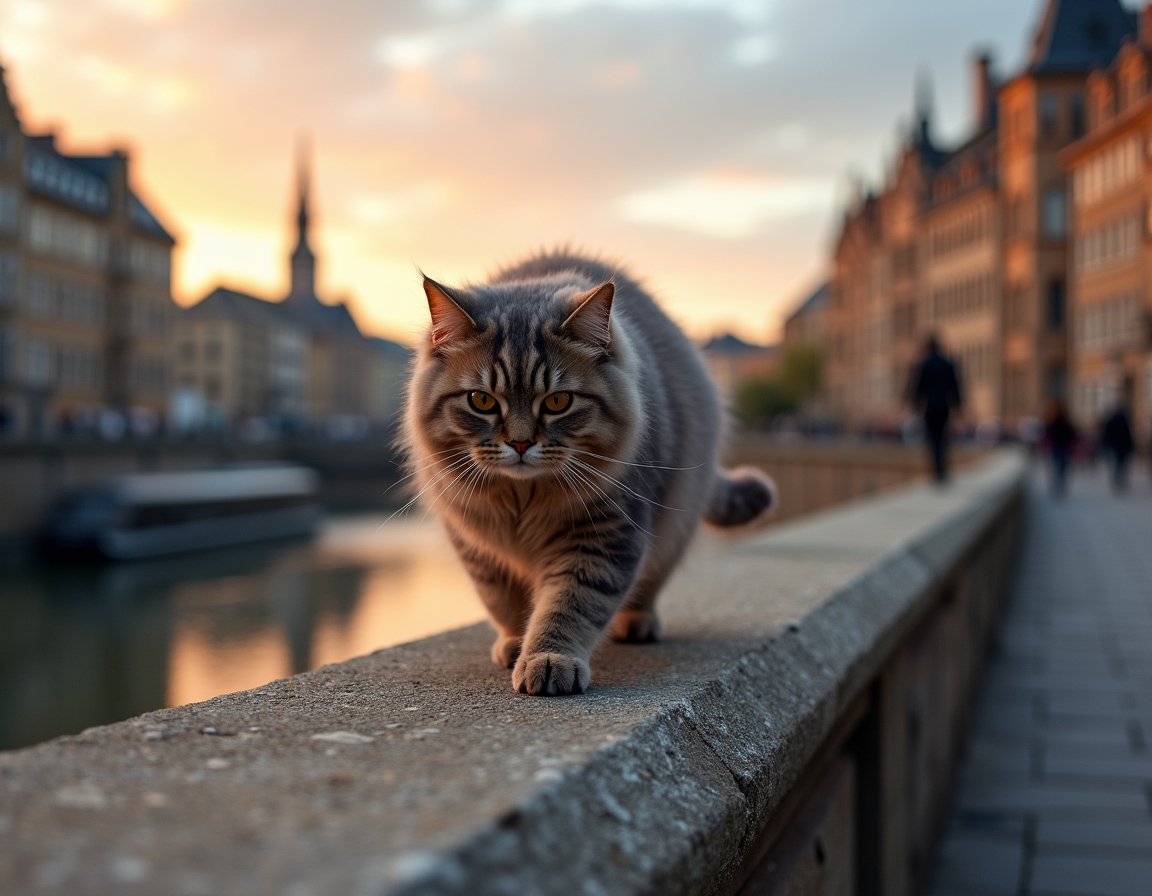 Cat explores a scenic urban bridge, taking in the breathtaking views of the skyline.