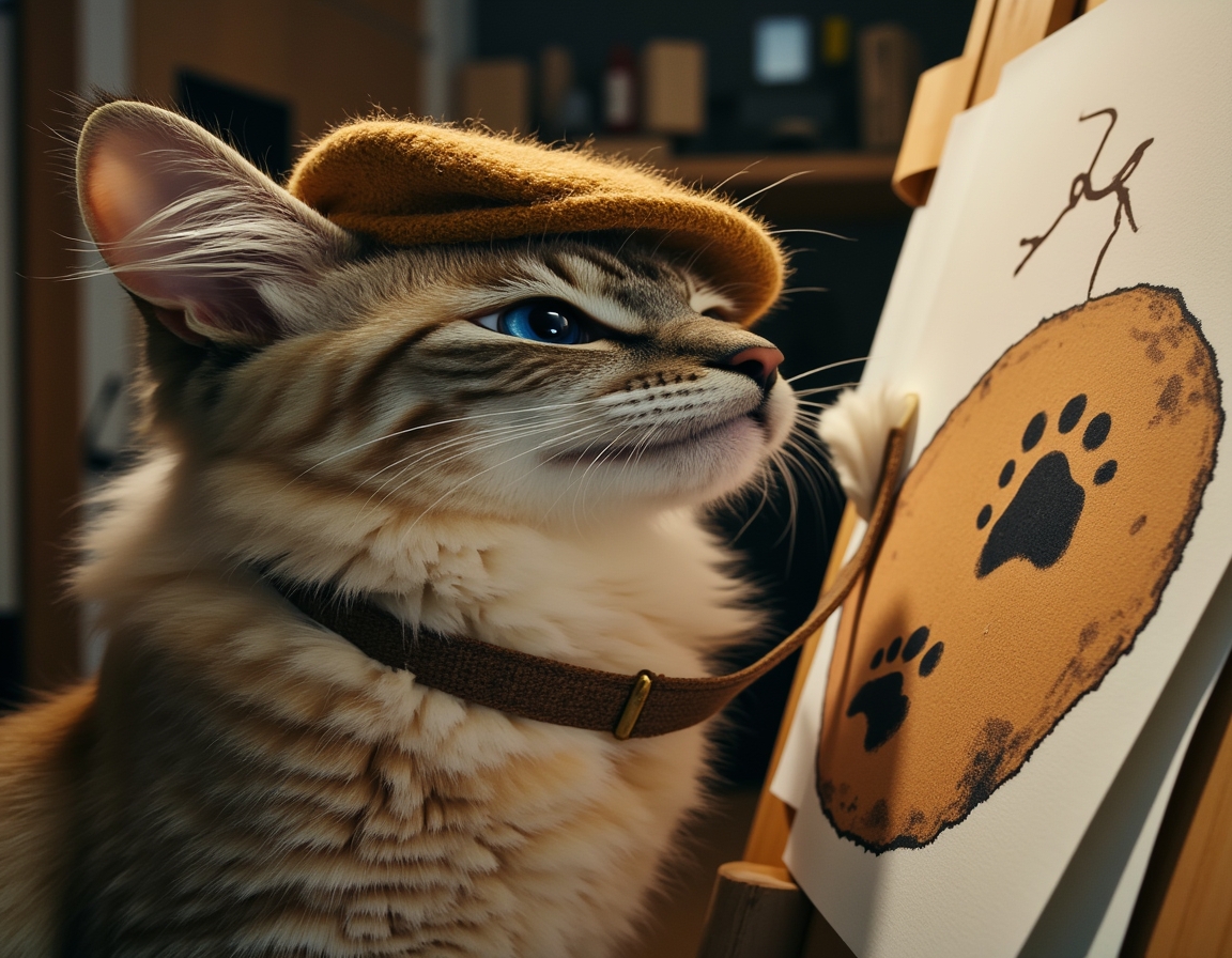 🎨 Every hairball is a masterpiece. Your cat with a beret and palette, creating abstract art with paw prints.