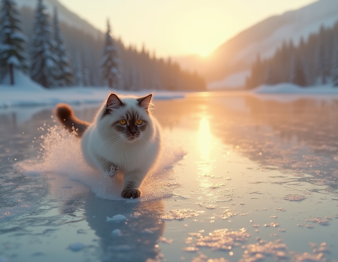 Cat enjoys a playful glide across a frozen lake, surrounded by snow-covered trees and distant mountains, with the soft glow of the setting sun reflecting off the ice.

