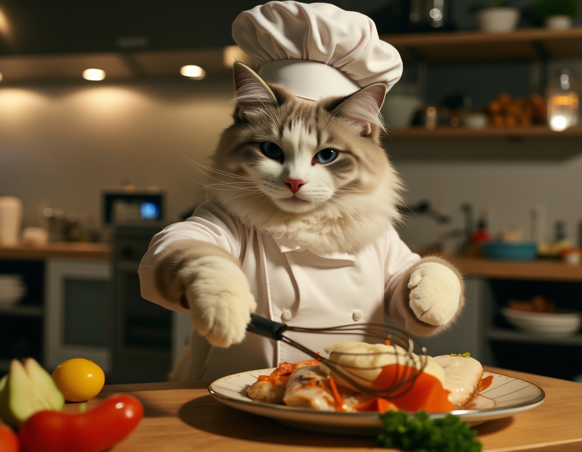 👨‍🍳 Tonight's special: Tuna Surprise. Your cat in a chef's hat, whisking up something fishy in a gourmet kitchen.