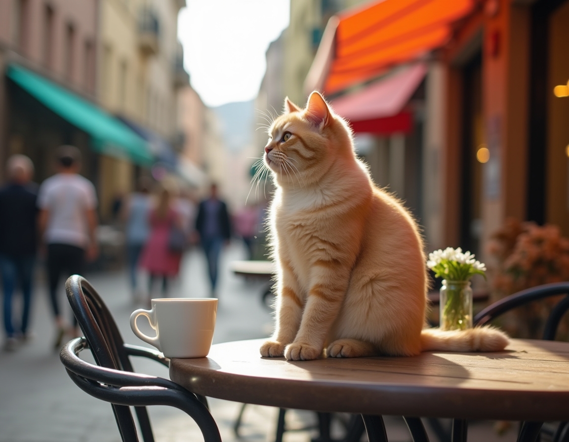 Cat sits contentedly at an outdoor cafe, enjoying the bustling streets and warm sunlight.