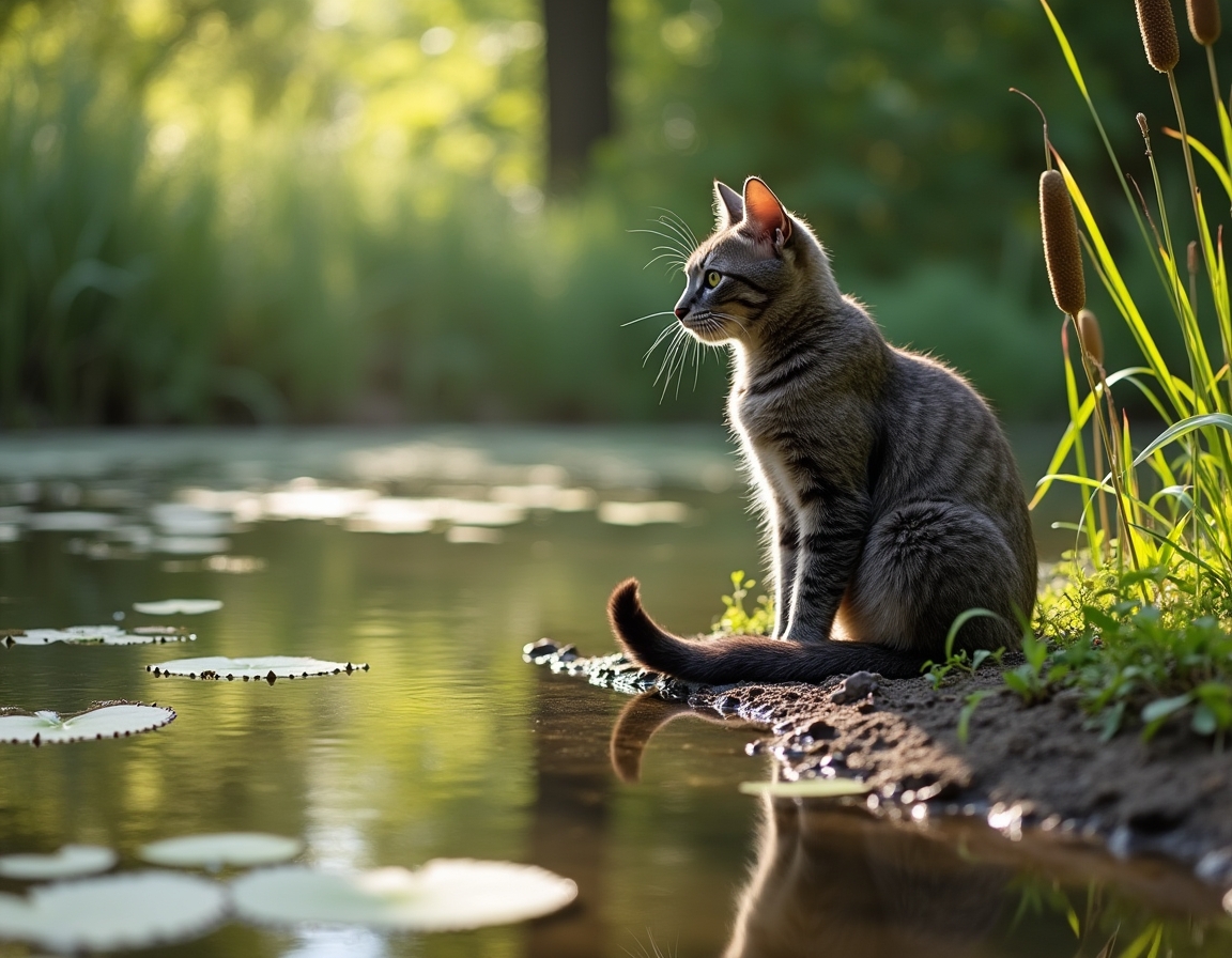 Cat observes a serene countryside pond, reflected in its still waters.