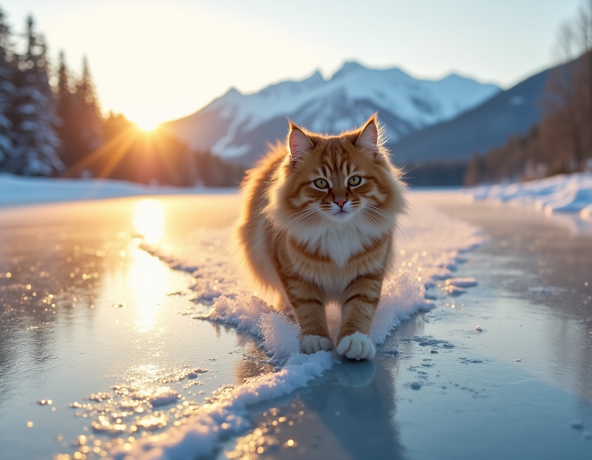 Cat enjoys a playful glide across a frozen lake, surrounded by snow-covered trees and distant mountains, with the soft glow of the setting sun reflecting off the ice.

