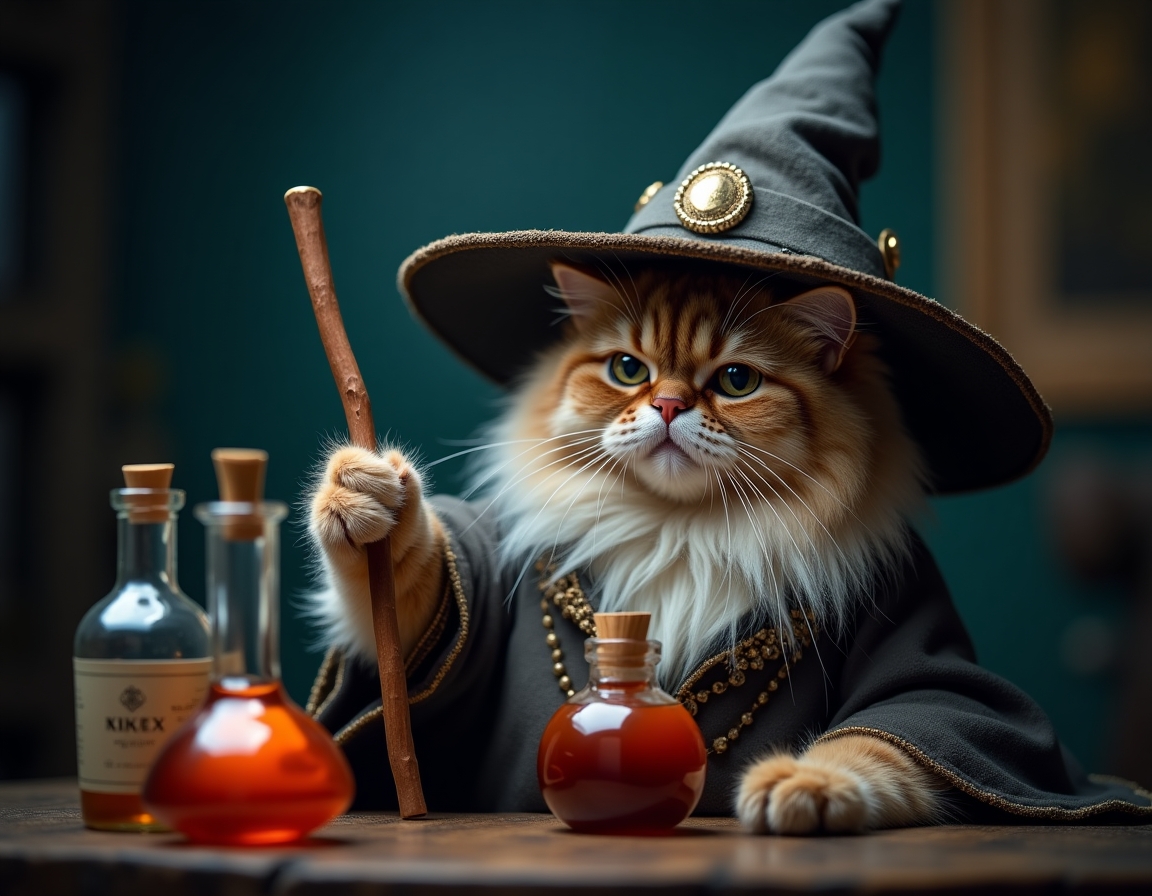 🧙 You're a wizard, Whiskers. Your cat in a pointed hat with a wand, casting spells and brewing potions.