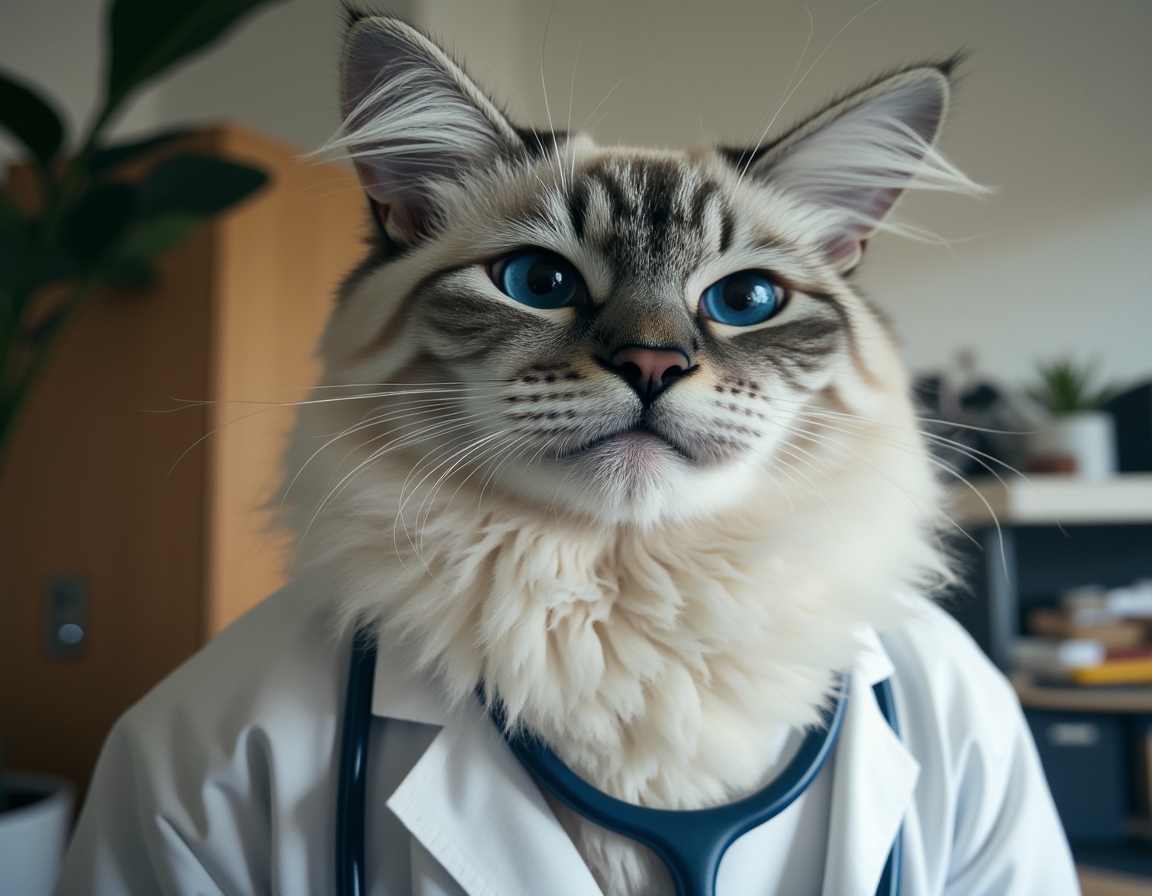🩺 Dr. Whiskers will see you now. Your cat in a white coat with a stethoscope, ready to diagnose a case of the zoomies.