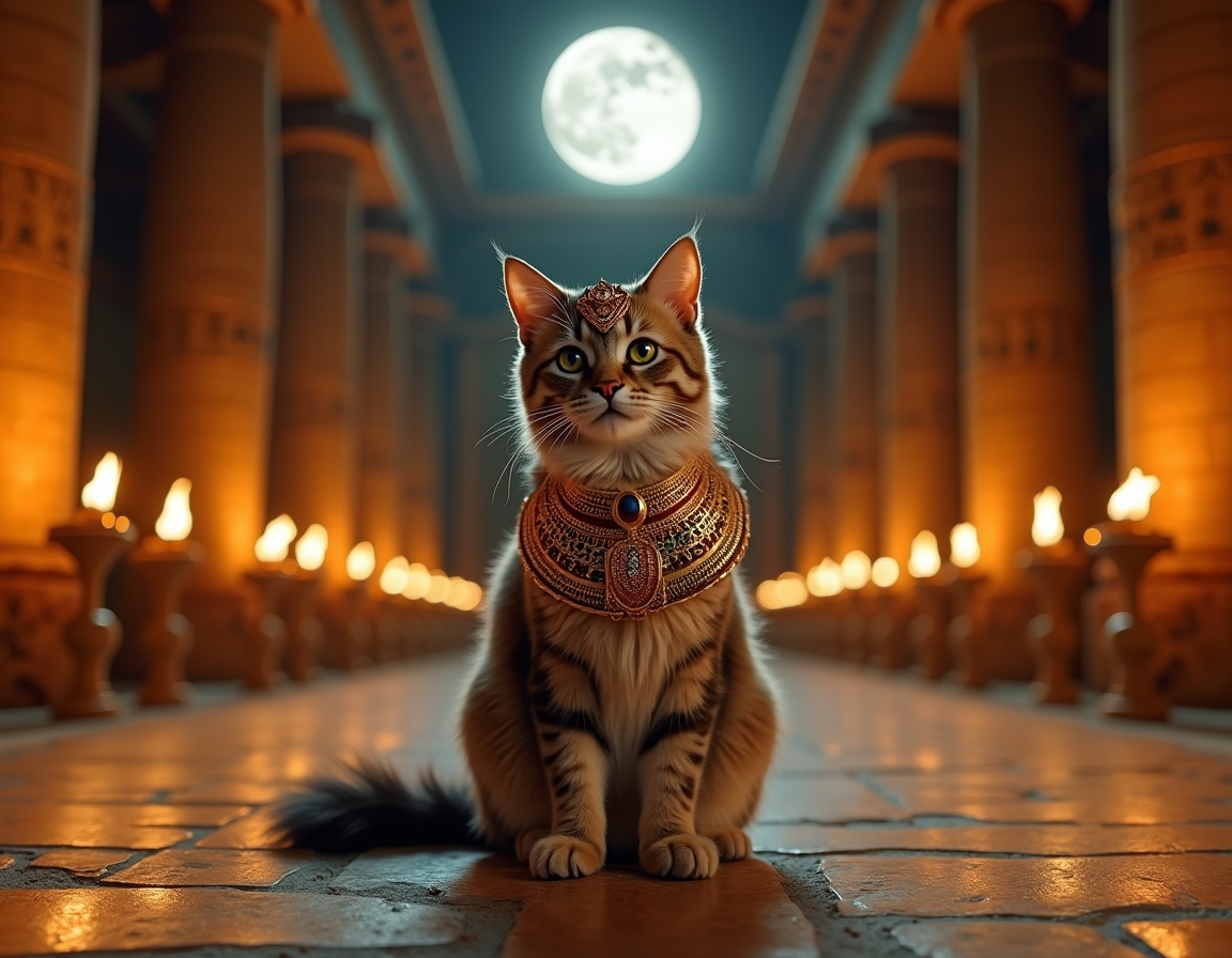 Cat dressed in luxurious golden regalia sits in an ancient Egyptian temple at night, surrounded by hieroglyphs and lit torches. The cat exudes the aura of a revered feline goddess, capturing the timeless majesty of ancient Egypt.