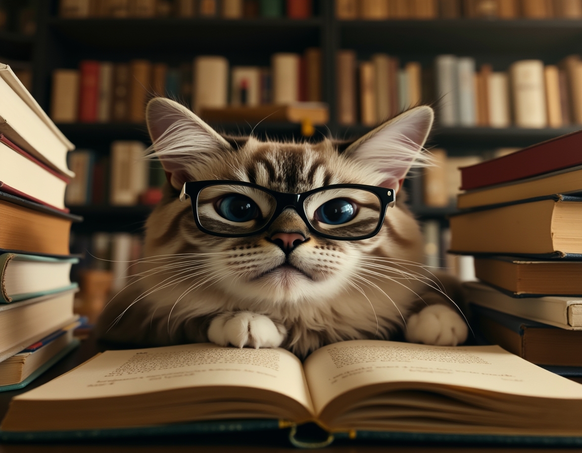📖 Shh. The cat is reading. Your cat with tiny glasses perched on their nose, surrounded by towers of books.