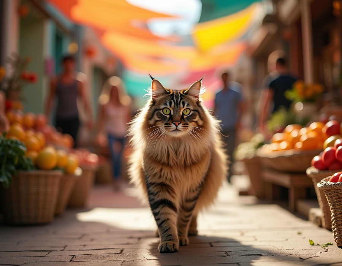 Cat wanders through a lively market, surrounded by fresh produce, baked goods, and aromas.