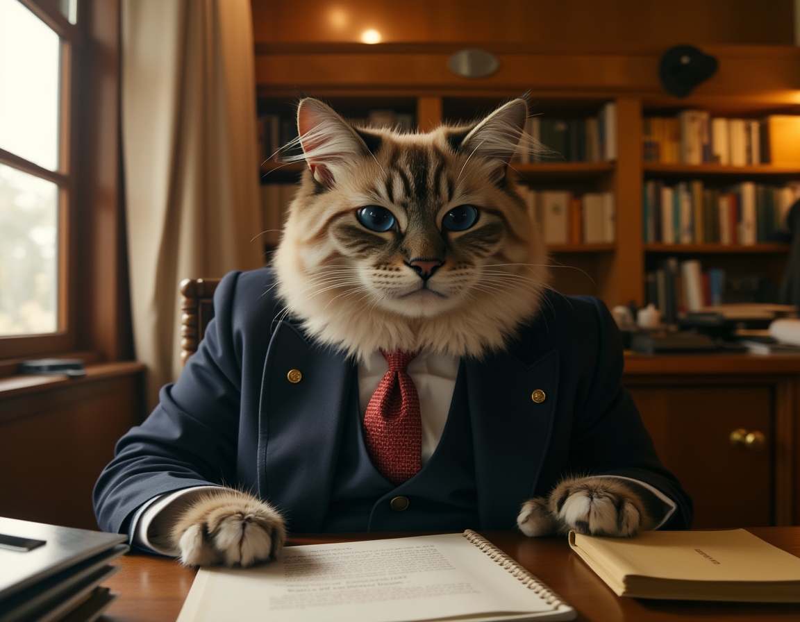 💼 Chief Executive Overlord. Your cat in a power suit behind a mahogany desk, running the household like a Fortune 500 company.