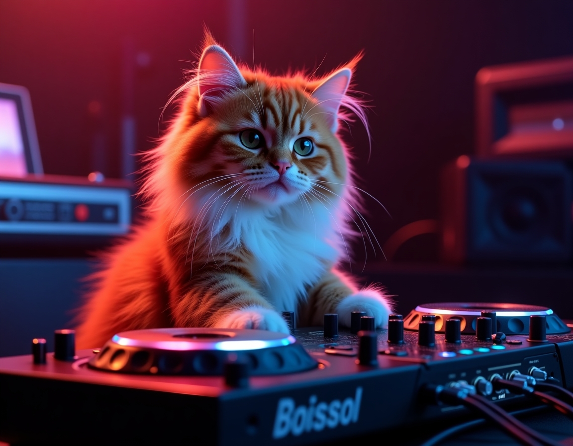 🎧 DJ Whiskers in the mix! Boots and cats and boots and cats. Your cat behind a DJ booth, dropping beats and bass lines.