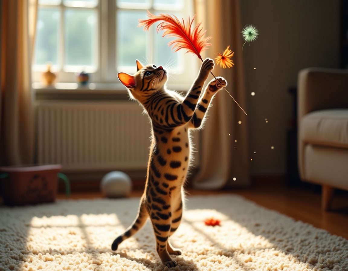 Cat leaps into the air, its paws reaching for a multicolored feather toy that flutters enticingly, bathed in golden sunlight in a cozy room.