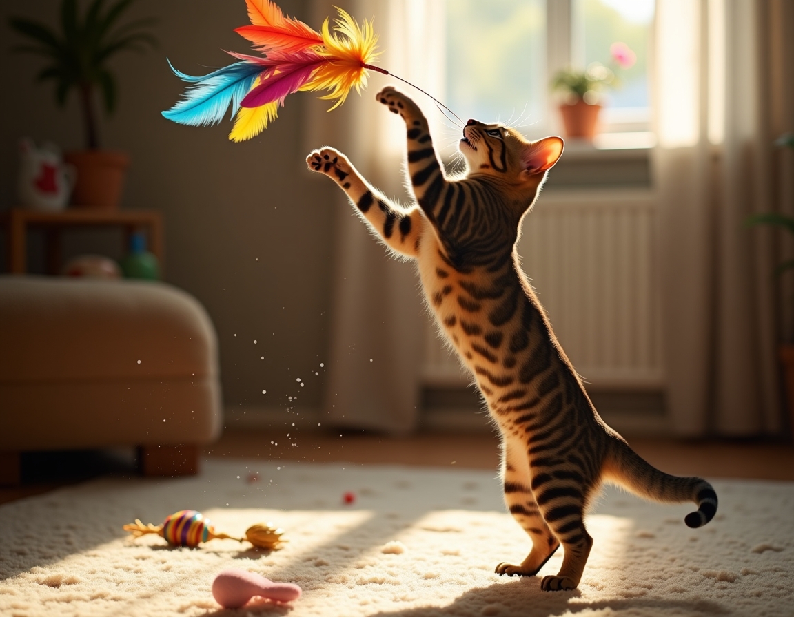 Cat leaps into the air, its paws reaching for a multicolored feather toy that flutters enticingly, bathed in golden sunlight in a cozy room.