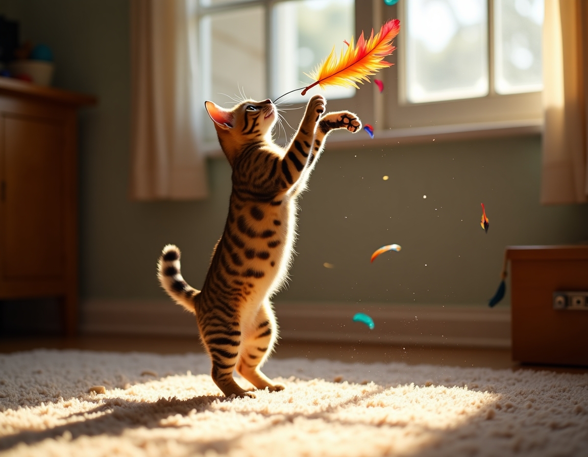Cat leaps into the air, its paws reaching for a multicolored feather toy that flutters enticingly, bathed in golden sunlight in a cozy room.