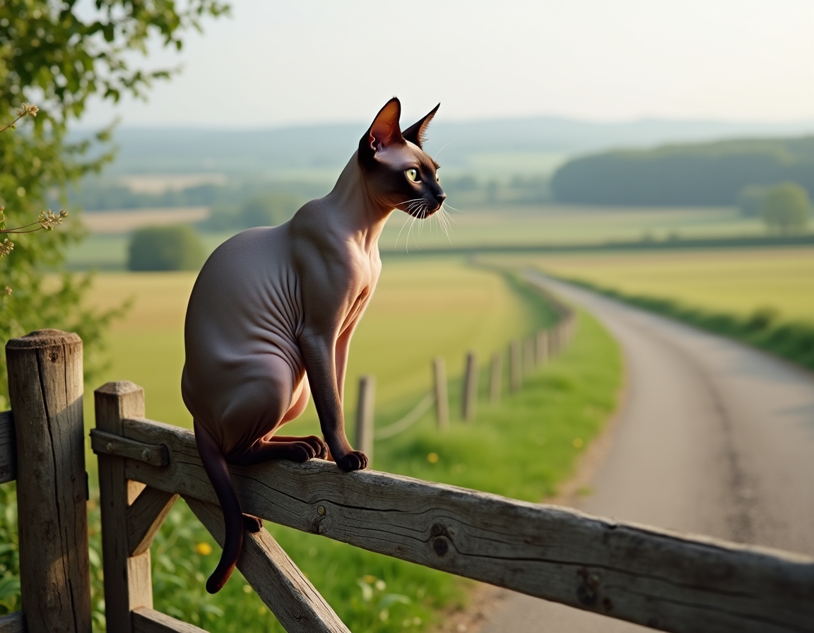 Cat gazes at the quiet beauty of a country road, framed by a weathered wooden gate.