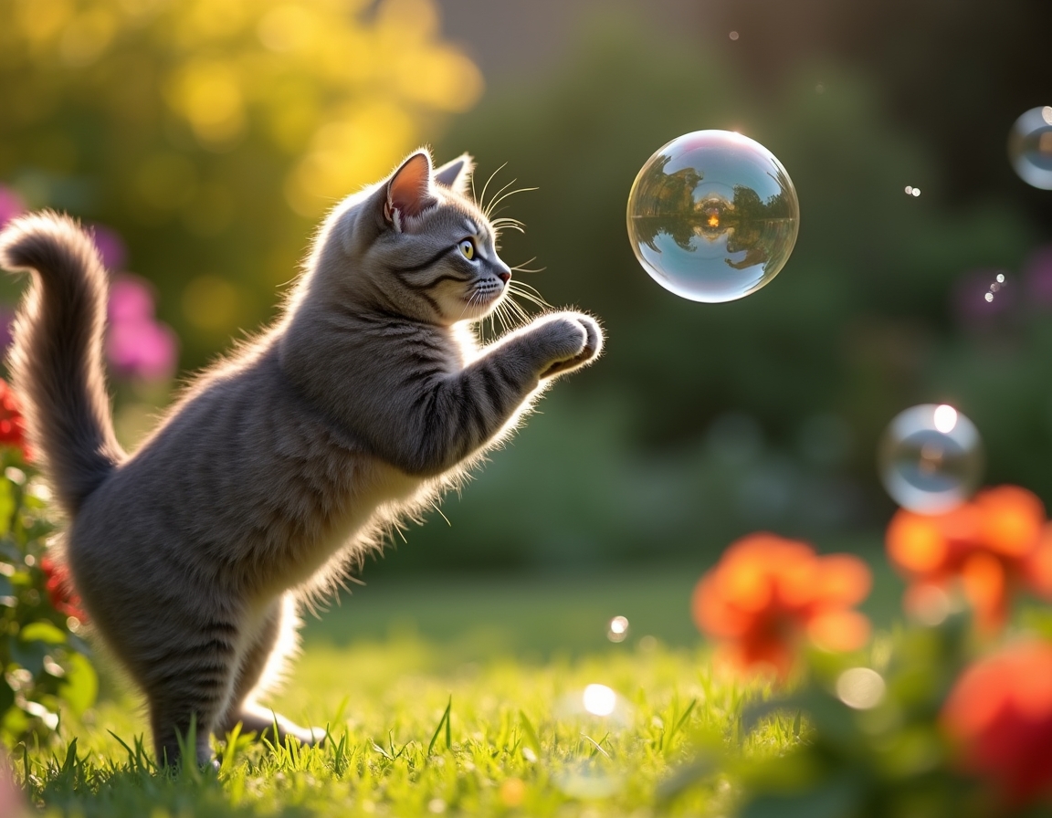 Cat leaps gracefully at a floating bubble, surrounded by a vibrant garden filled with flowers and greenery.