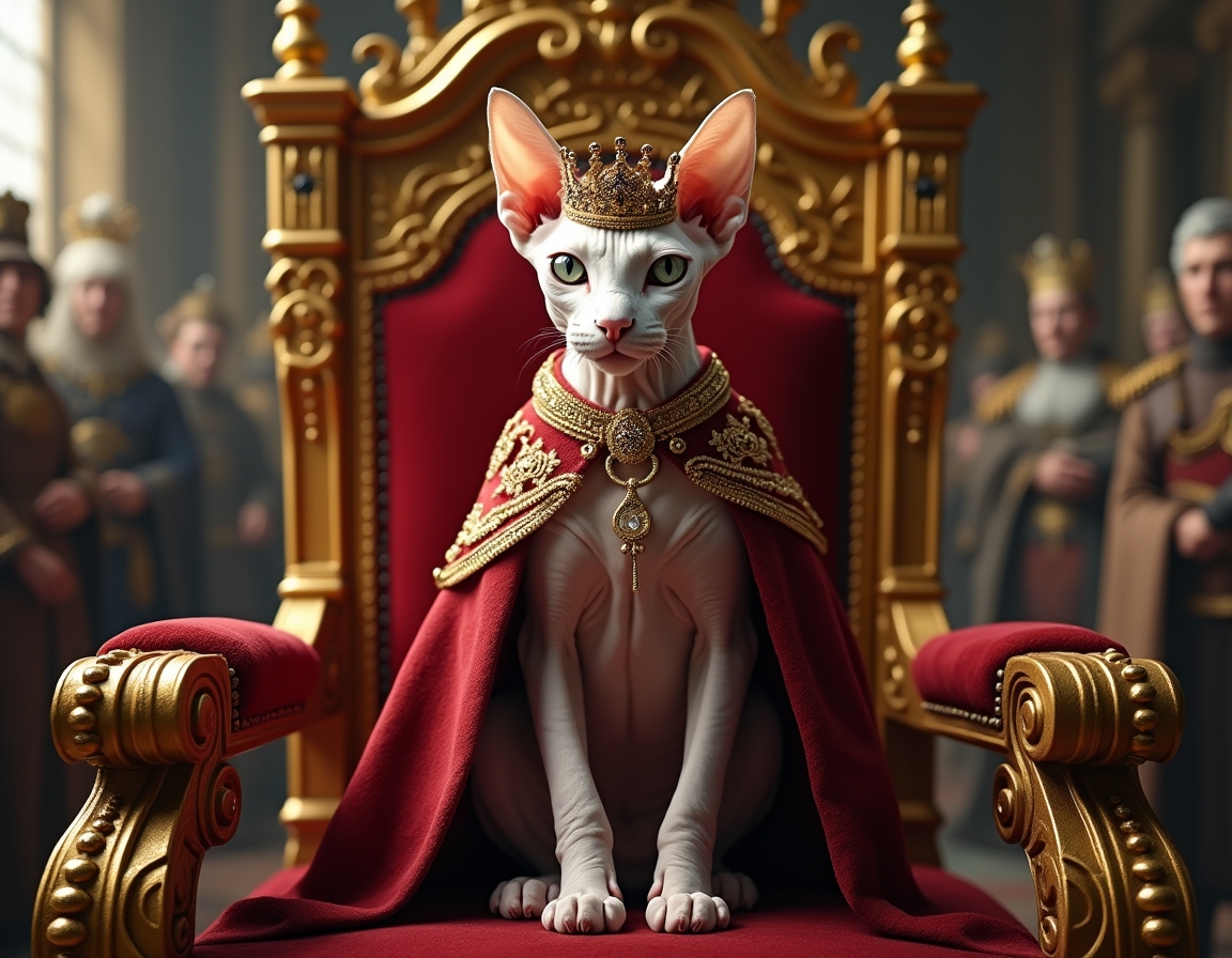 Cat poses regally on a golden throne inside a castle, wearing a crown and cape. Ornate royal decorations surround the scene.
