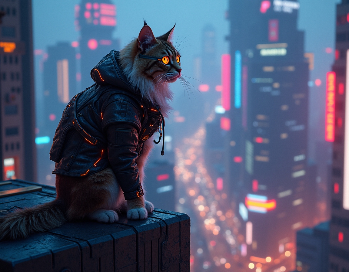 Cat stands on a futuristic skyscraper rooftop, wearing glowing cybernetic goggles. A neon-lit cityscape with flying cars and holograms stretches below.