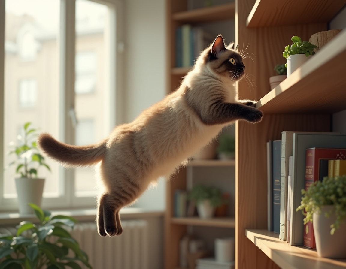 Cat leaps toward a tall shelf filled with books, plants, and framed photos. The room is well-lit with natural light, highlighting the cat’s graceful movement.