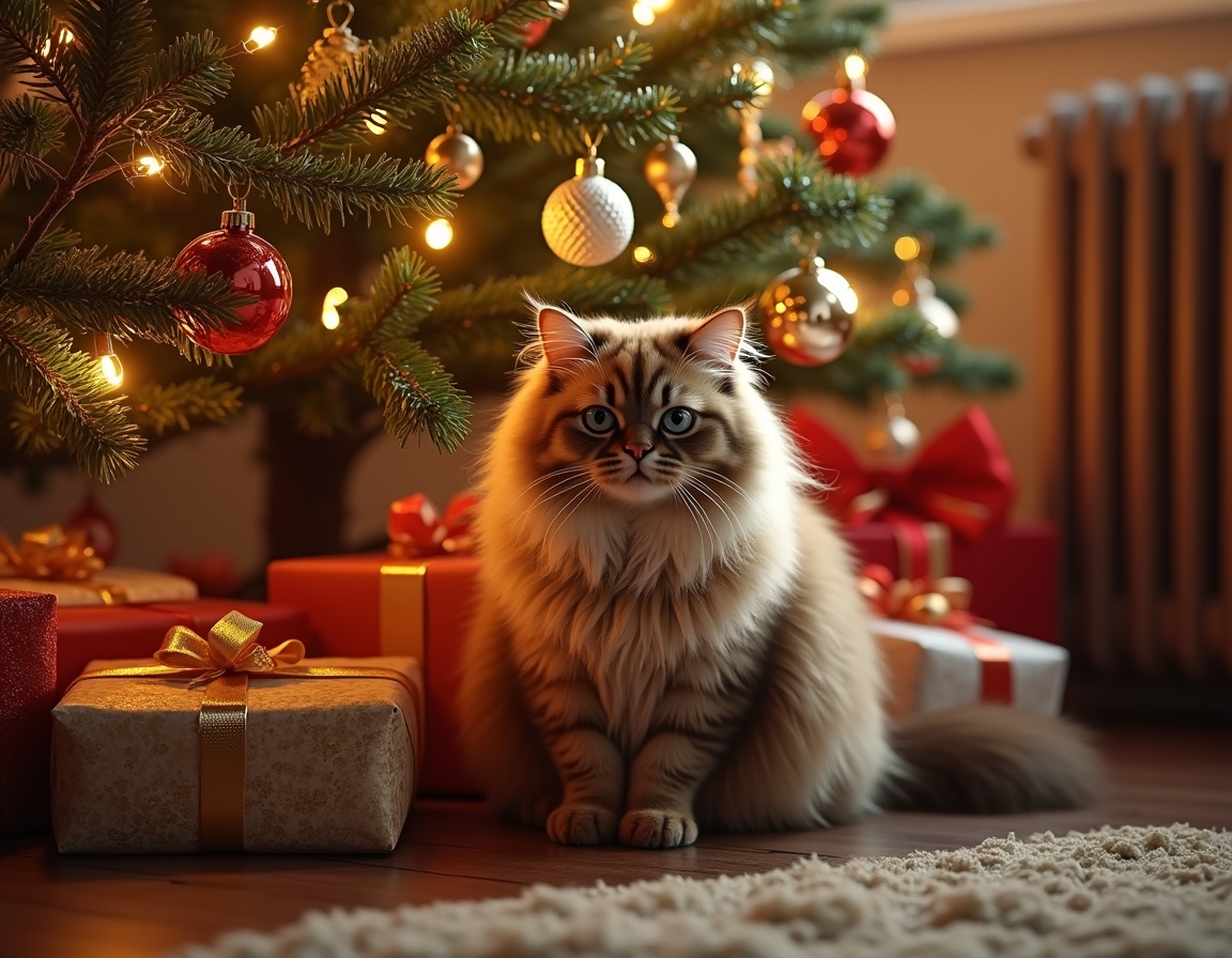 Cat sitting under a beautifully decorated Christmas tree, surrounded by twinkling lights, ornaments, and wrapped presents, with a warm, cozy glow.