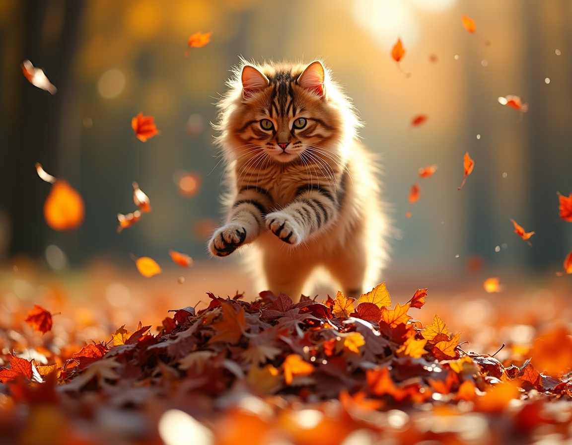 Cat jumps joyfully into a pile of autumn leaves, scattering vibrant colors and radiating playful energy.